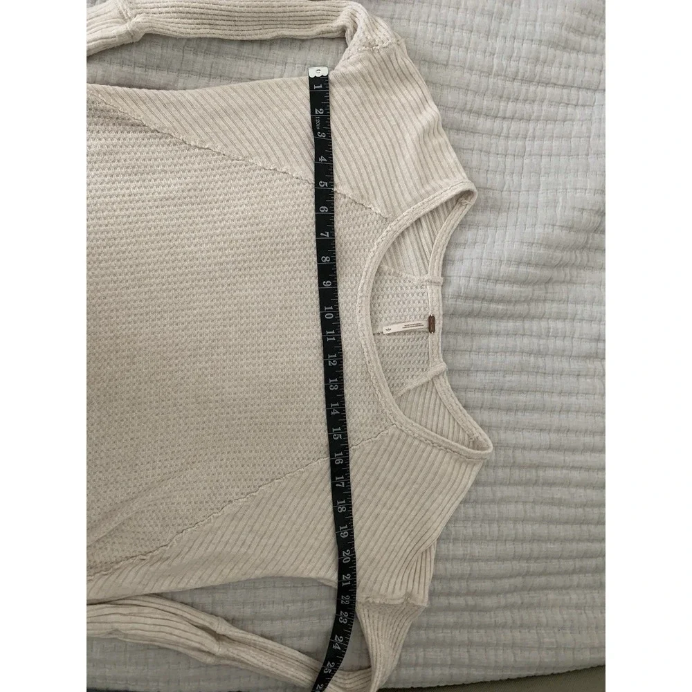 Free People‎ Sz S Ventura Pullover Beige Thermal Waffle Loose Cozy Soft Lounge